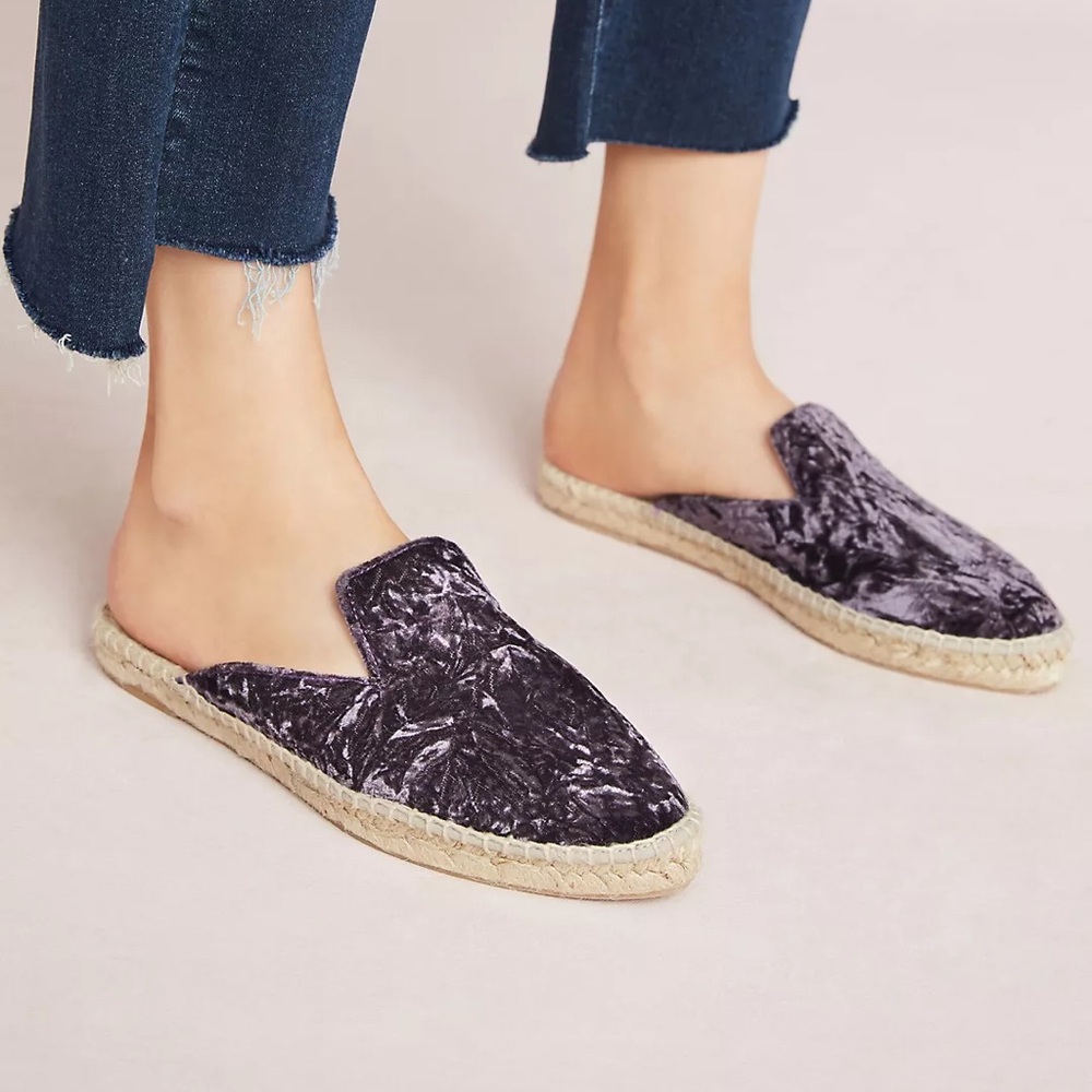 Manebi Hampton Velvet Espadrille Slides Anthropologie Sz 38 Purple Sandals Mules